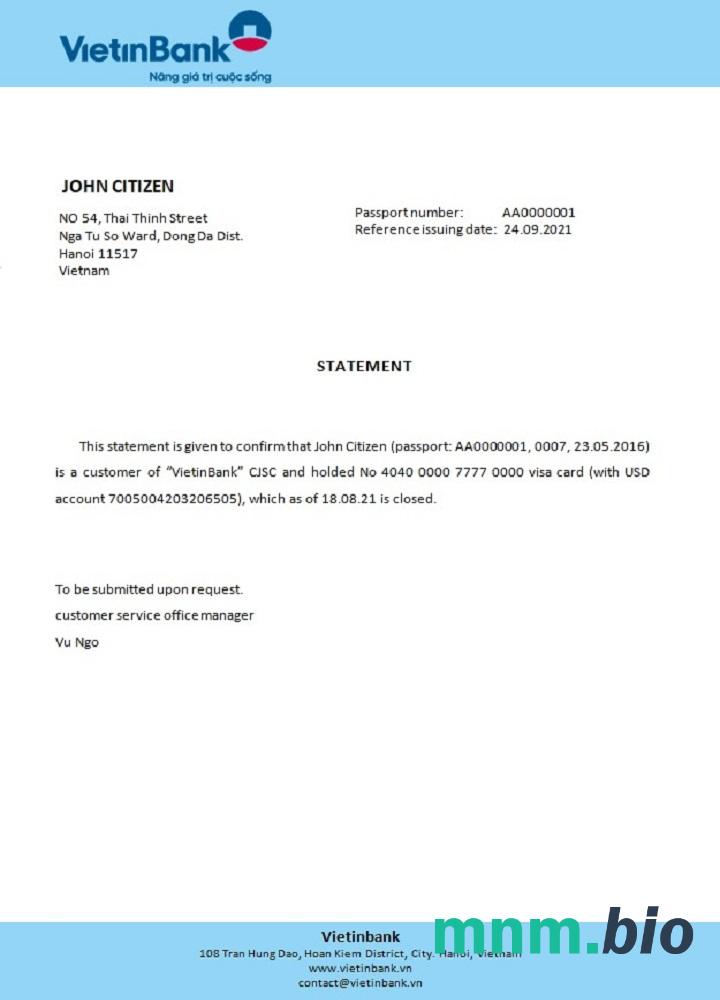 Przykład odniesienia do zamknięcia Wietnamu Vietinbank w formatach Word i PDF